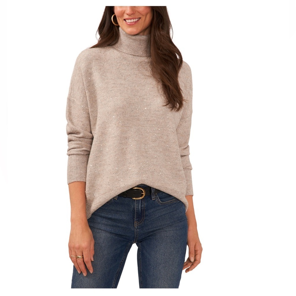 Vince Camuto Sequin Turtleneck Sweater XL Beige Oatmeal Sparkle Knit NWT - Picture 14 of 15